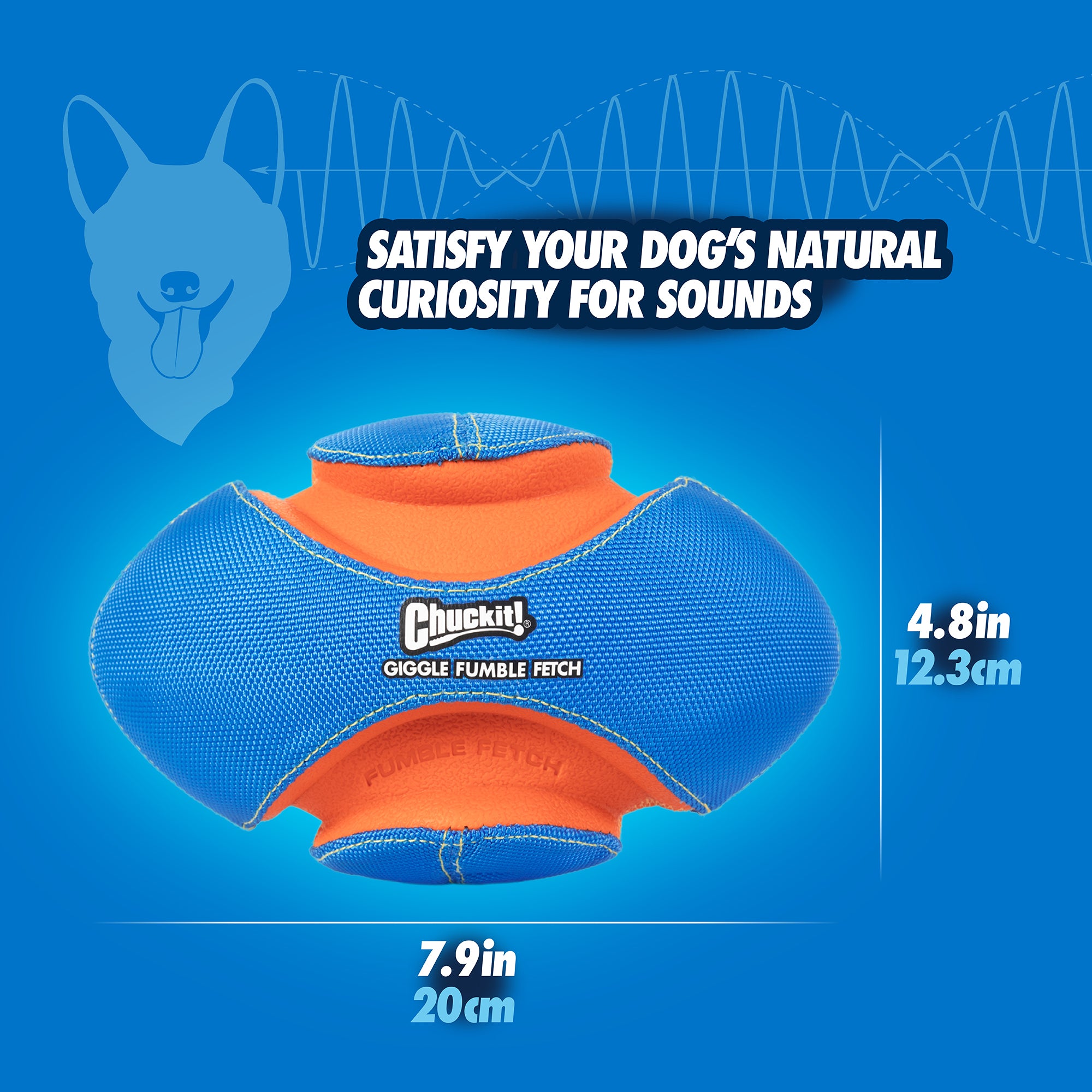 The Chuckit! Giggle Fumble Fetch is an interactive blue and orange fetch toy with giggle sound effects, made by Chuckit. It measures 7.9 wide by 4.8 tall and features durable rubber bite zones and a dog face silhouette to satisfy your dogs natural curiosity for sounds.