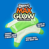 The Chuckit! Max Glow Flying Fetch Squirrel, by Chuckit, stands out with its vibrant green and white design against a blue backdrop. This glow-in-the-dark toy charges quickly under bright light, ensuring extended fetch sessions at night.