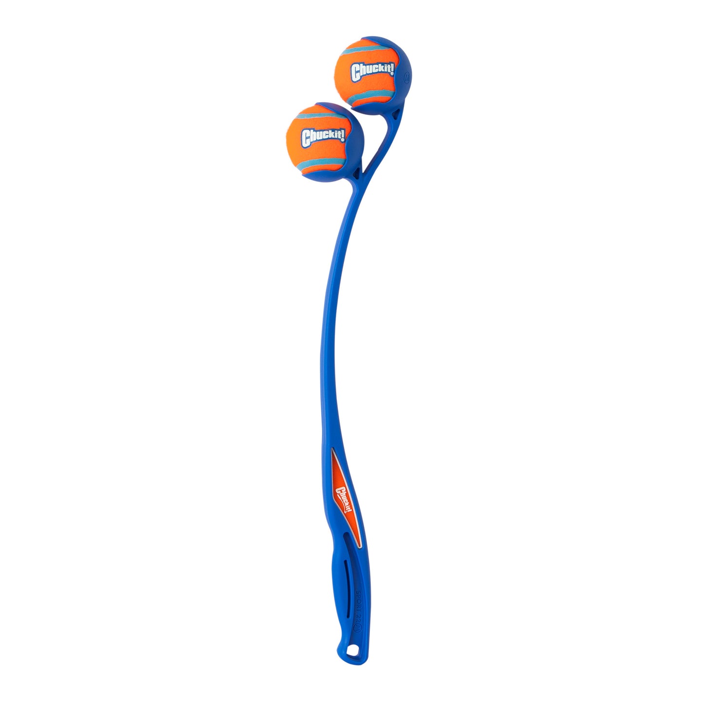 The Chuckit! 22M Double Launcher Dog Toy by Chuckit features an ergonomic grip for effortless fetch. This blue launcher includes two orange and blue tennis balls with a chic logo, ensuring each pickup is fun and slobber-free.