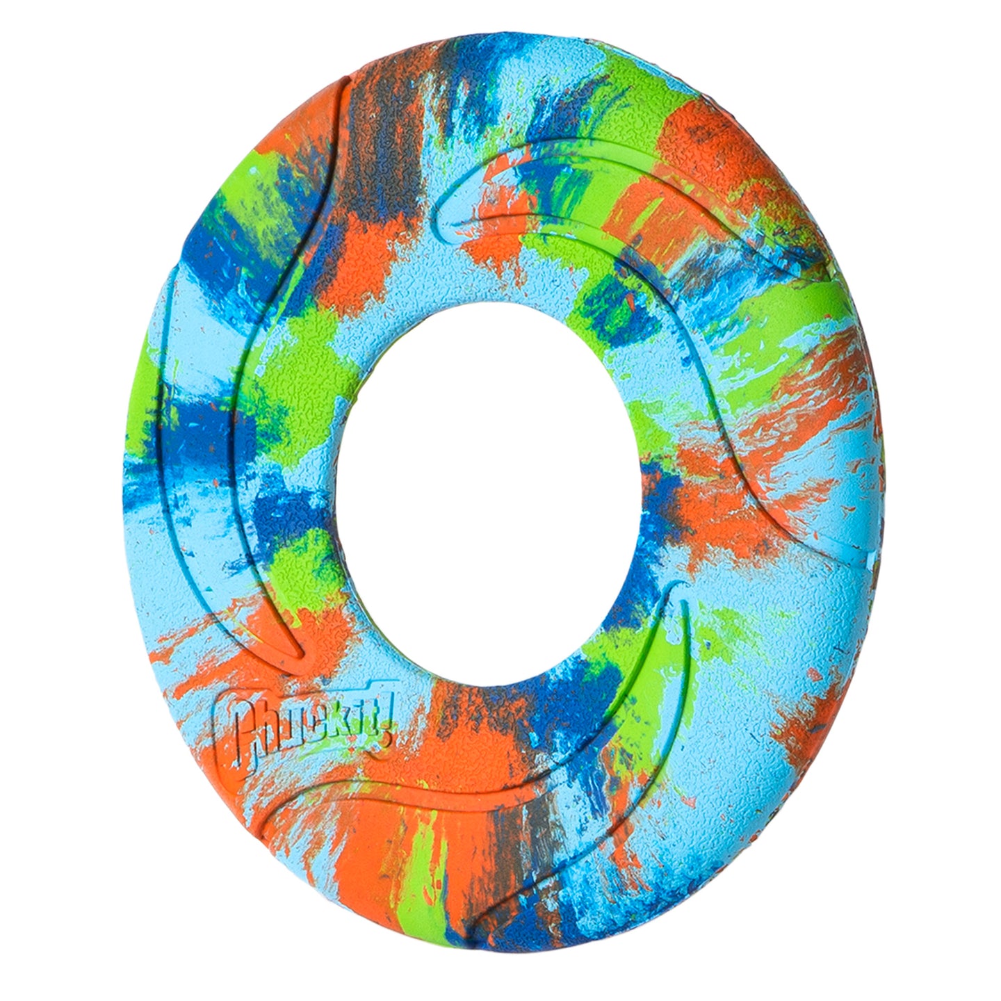 The Chuckit! EcoFetch Recycled Rubber Flyer by Chuckit is a vibrant, eco-friendly flying disc toy made from recycled rubber with blue, green, orange, and yellow splashes. It features a textured surface and central hole, making it durable for outdoor fun with your dog.