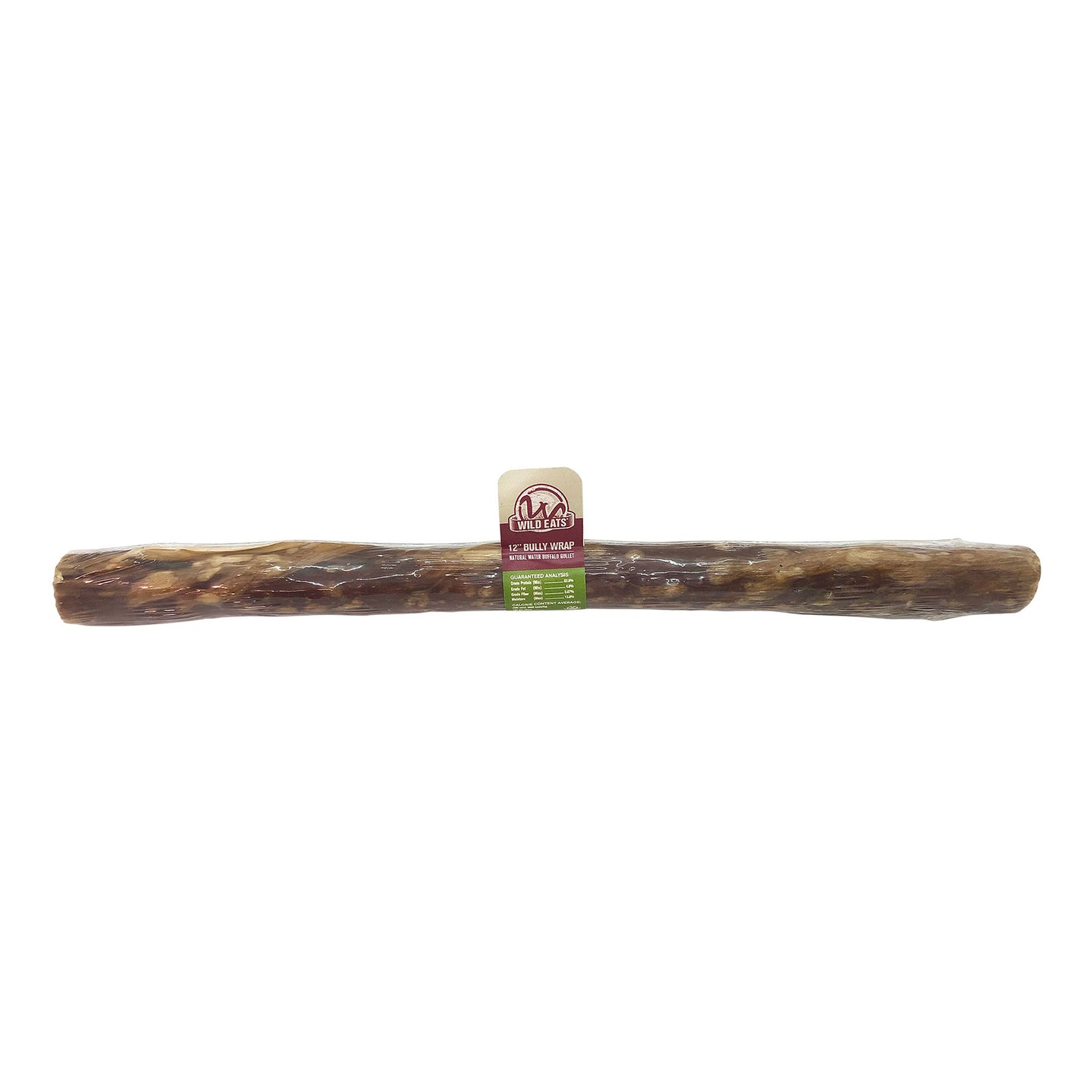 The Wild Eats Bully Wrap Dog Chew by Wild Eats is a long, cylindrical treat made from water buffalo. Wrapped in clear plastic, it features a label with a logo and green text detailing its gluten-free benefits for dental health. The chew stick has a natural, textured look.