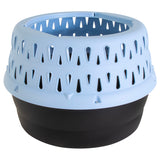 The Petmate Get-A-Round E-Z Load Kennel For Cats provides a secure, comfy space with a round plastic design, black base, and light blue ventilated top featuring triangular cutouts attached with screws.