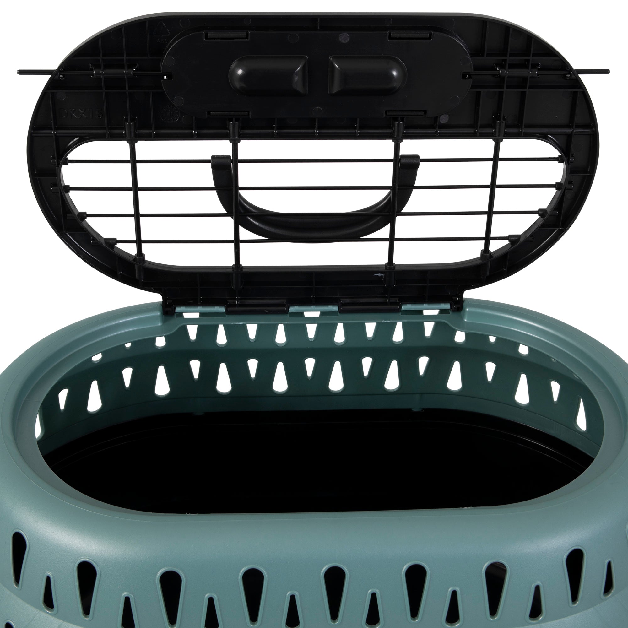 The Petmate E-Z Load Top Load Cat Kennel by Petmate features a grated open-top lid, handle, and triangular vents for 360° ventilation—ideal for travel comfort and stress relief for your cat. Teal and black design.