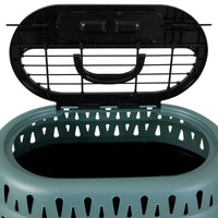 The Petmate E-Z Load Top Load Cat Kennel by Petmate features a grated open-top lid, handle, and triangular vents for 360° ventilation—ideal for travel comfort and stress relief for your cat. Teal and black design.