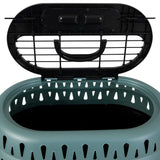 The Petmate E-Z Load Top Load Cat Kennel by Petmate features a grated open-top lid, handle, and triangular vents for 360° ventilation—ideal for travel comfort and stress relief for your cat. Teal and black design.