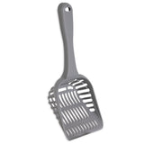 The Arm & Hammer Jumbo Litter Scoop, made from gray plastic, features a long handle and an efficient slotted design for sifting and comes with antimicrobial protection for enhanced hygiene.