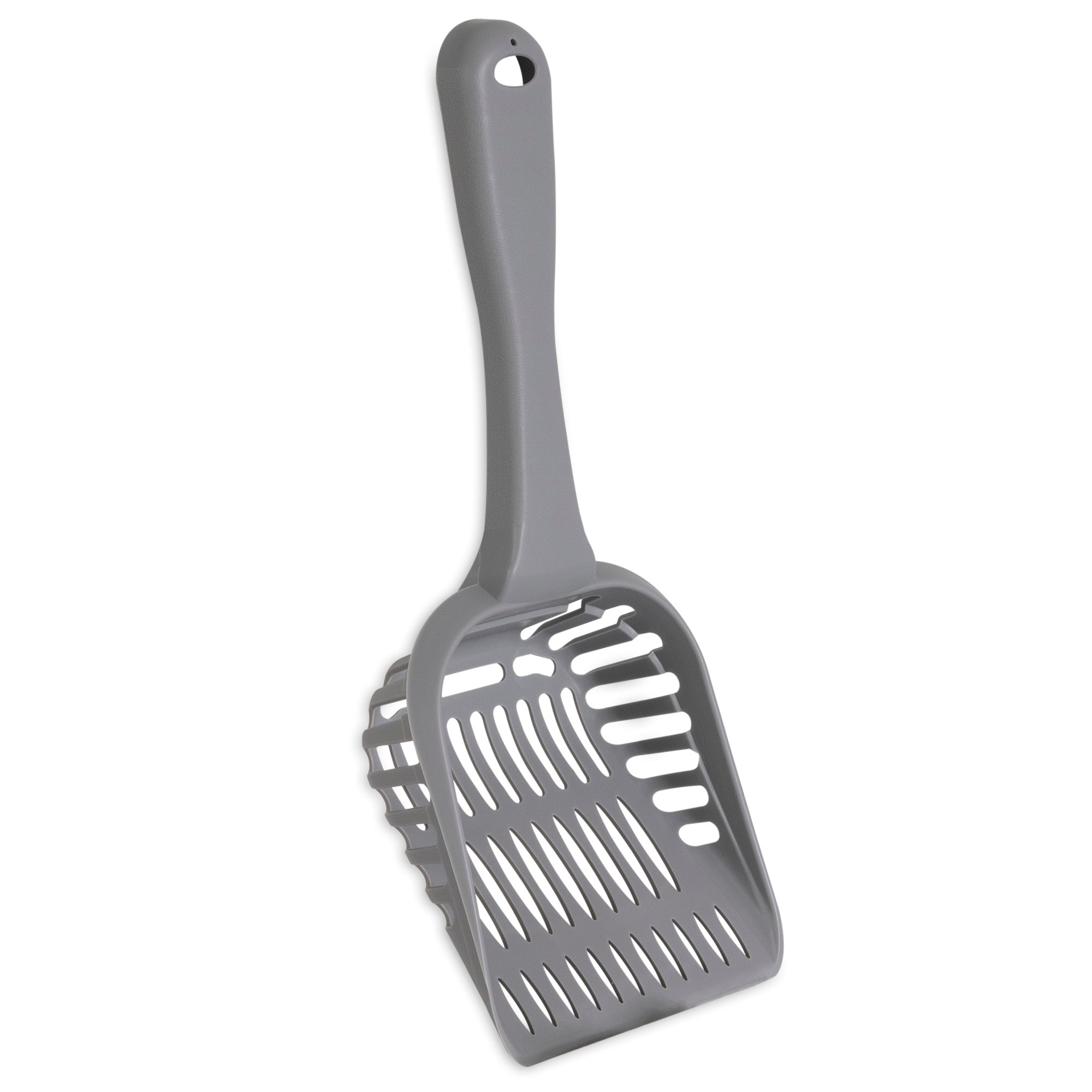The Arm & Hammer Jumbo Litter Scoop, made from gray plastic, features a long handle and an efficient slotted design for sifting and comes with antimicrobial protection for enhanced hygiene.