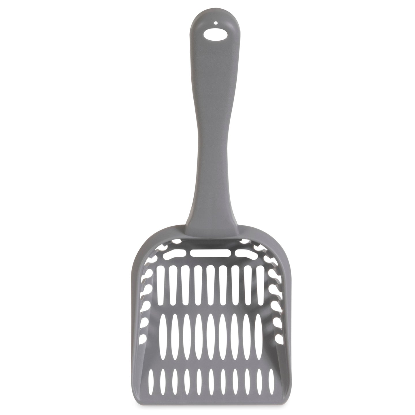 The Arm & Hammer Jumbo Litter Scoop by Arm And Hammer has a gray plastic body, long handle, and efficient slotted design for easy sifting.