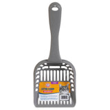 The Arm & Hammer Jumbo Litter Scoop, made of gray plastic with a long handle and slotted design for efficient sifting, offers antimicrobial protection. Its shovel section has a label with a cat image, the brand name Arm And Hammer, and a barcode.