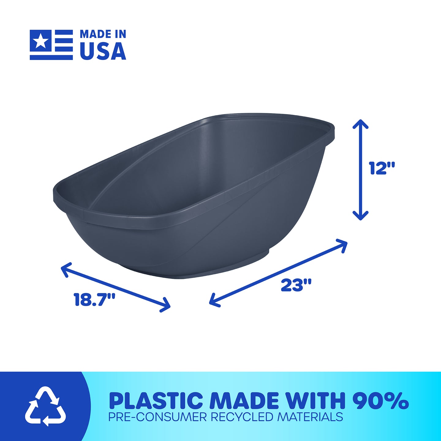 The Petmate Hi-Back Open Litter Box, by Petmate, is a blue, oval-shaped plastic container measuring 23x18.7x12 inches. It features Made in USA text and Plastic made with 90% pre-consumer recycled materials, along with a recycling symbol and non-stick plastic.