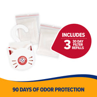 The Arm & Hammer Purrifying Pak Cat Litter Deodorizer features a white cat-shaped holder, two filter refills, and includes 3 30-day filter refills for up to 90 days of litter box odor protection with trusted Arm And Hammer baking soda.