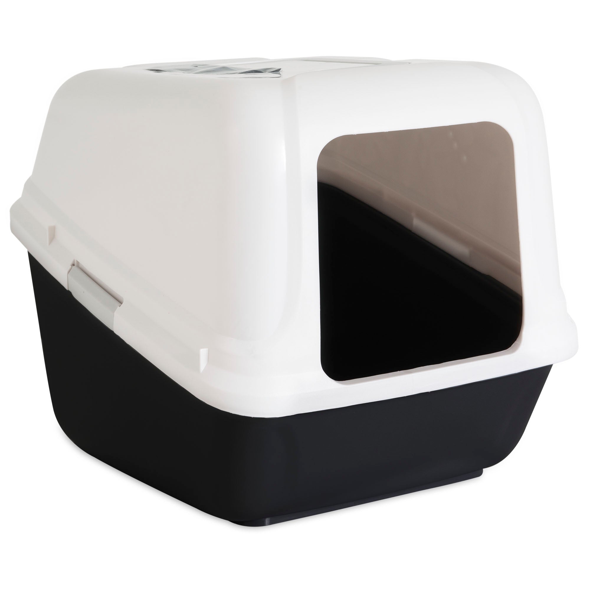 The Arm & Hammer Large Hooded Litter Pan by Arm And Hammer is a black and white rectangular box with an open entry, featuring a white top, black base for pet privacy, and a carbon filter to neutralize odors.