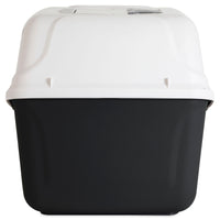The Arm & Hammer Large Hooded Litter Pan by Arm And Hammer features a rectangular design with a white, domed lid and dark base, ideal for storage or transport, likely offering sturdy antimicrobial protection.
