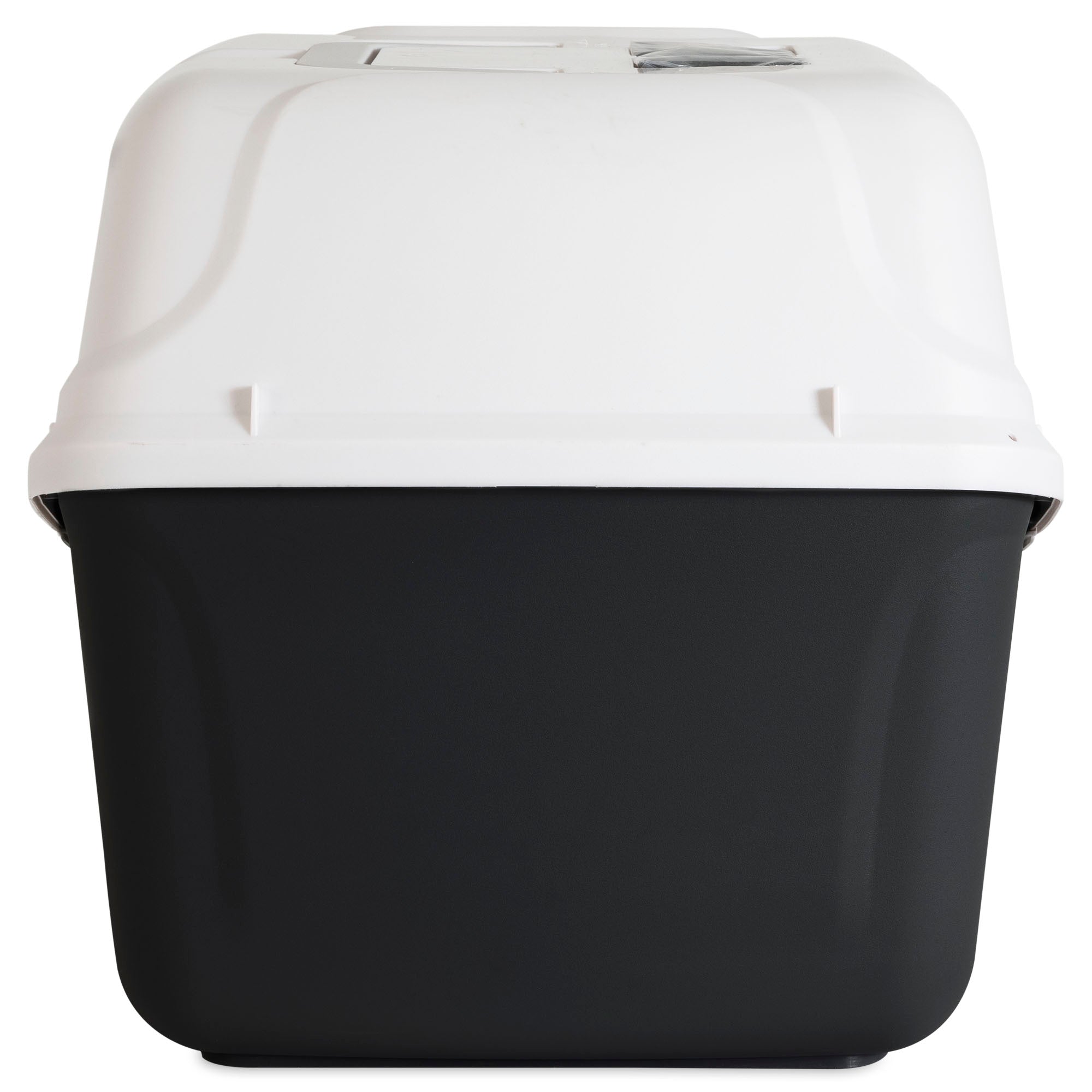 The Arm & Hammer Large Hooded Litter Pan by Arm And Hammer features a rectangular design with a white, domed lid and dark base, ideal for storage or transport, likely offering sturdy antimicrobial protection.