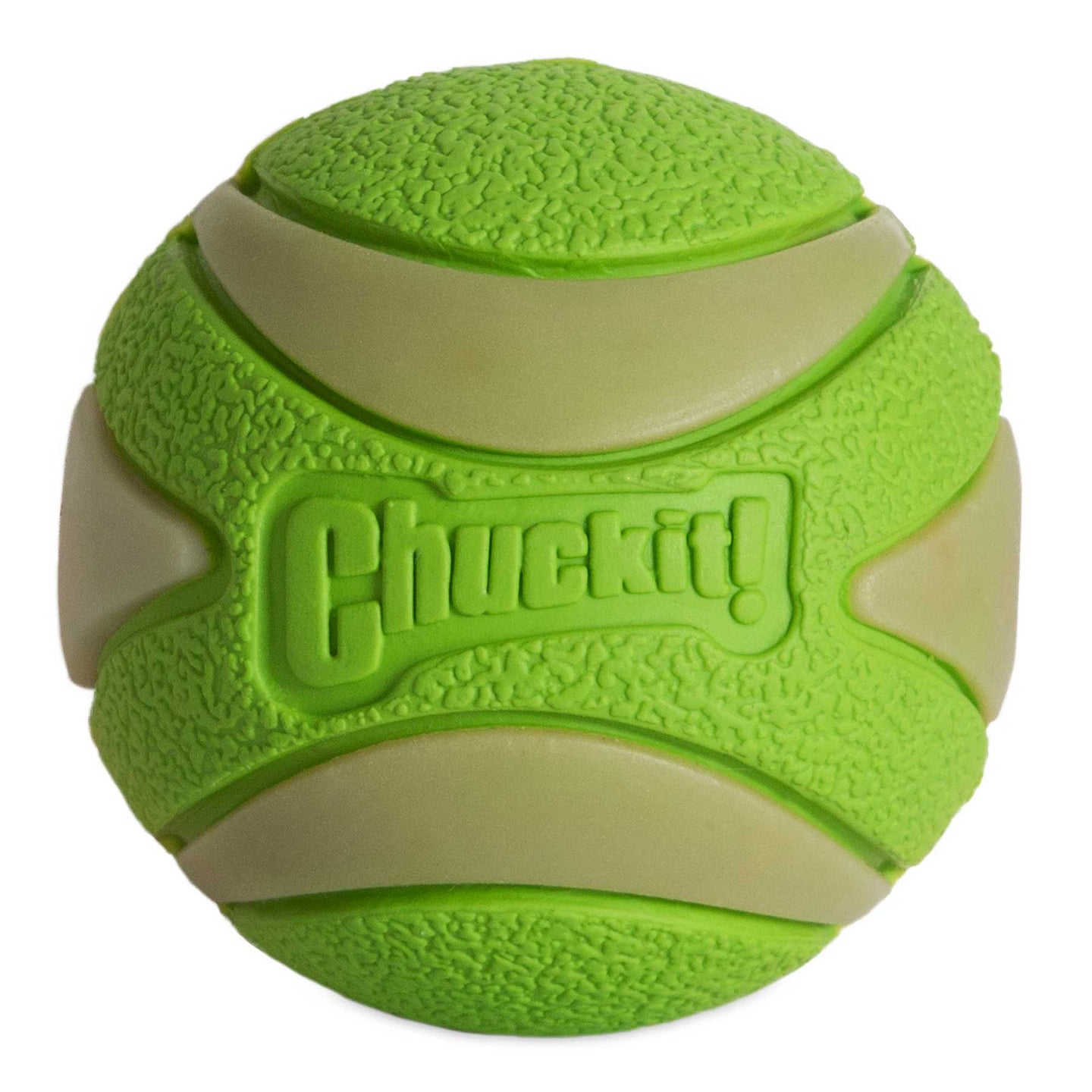 The Chuckit! Max Glow Ultra Squeaker Ball is a green rubber dog toy with beige stripes and texture, featuring Chuckit! embossed on the side, ideal for fetch.