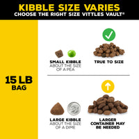 Infographic shows kibble size variations for a 15 lb bag. Top: small, pea-sized, labeled true to size. Bottom: large, dime-sized, ideal for storage in the Vittles Vault Pawprint Outback Food Storage Container with BPA-free plastic and airtight seals to maintain freshness.