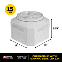 The Vittles Vault Pawprint Outback Food Storage Container, by Vittles Vault, is a 15 lb gray USA-made container perfect for pet food. It features BPA-free plastic and an upgraded Gamma Seal Lid 2.0 with airtight seal. Dimensions: 12 x 12 x 9.75.