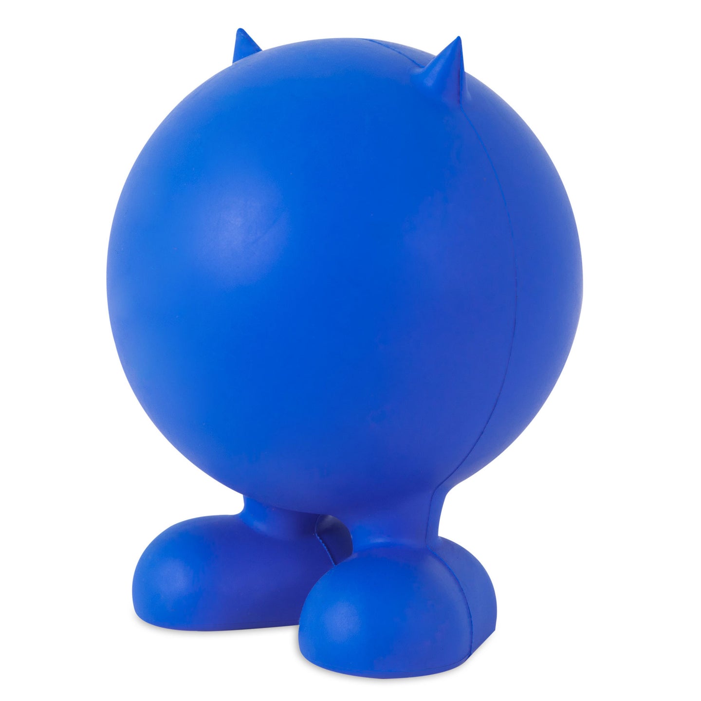 The JW Cuz Dog Toy by Jw is a round, blue cartoonish creature made from natural rubber, featuring small pointed horns on top and large feet at the base. Its a durable and quirky dog toy.