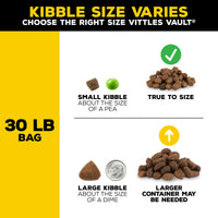 Infographic comparing kibble sizes using Vittles Vaults Gamma Seal Technology: Left shows small, pea-sized kibble; right is true to size. Bottom left displays large, dime-sized kibble. Bottom right suggests a larger Vittles Vault Outback Food Storage Container for airtight storage of the 30 lb bag. Kibble size varies.