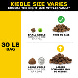 Infographic comparing kibble sizes using Vittles Vaults Gamma Seal Technology: Left shows small, pea-sized kibble; right is true to size. Bottom left displays large, dime-sized kibble. Bottom right suggests a larger Vittles Vault Outback Food Storage Container for airtight storage of the 30 lb bag. Kibble size varies.