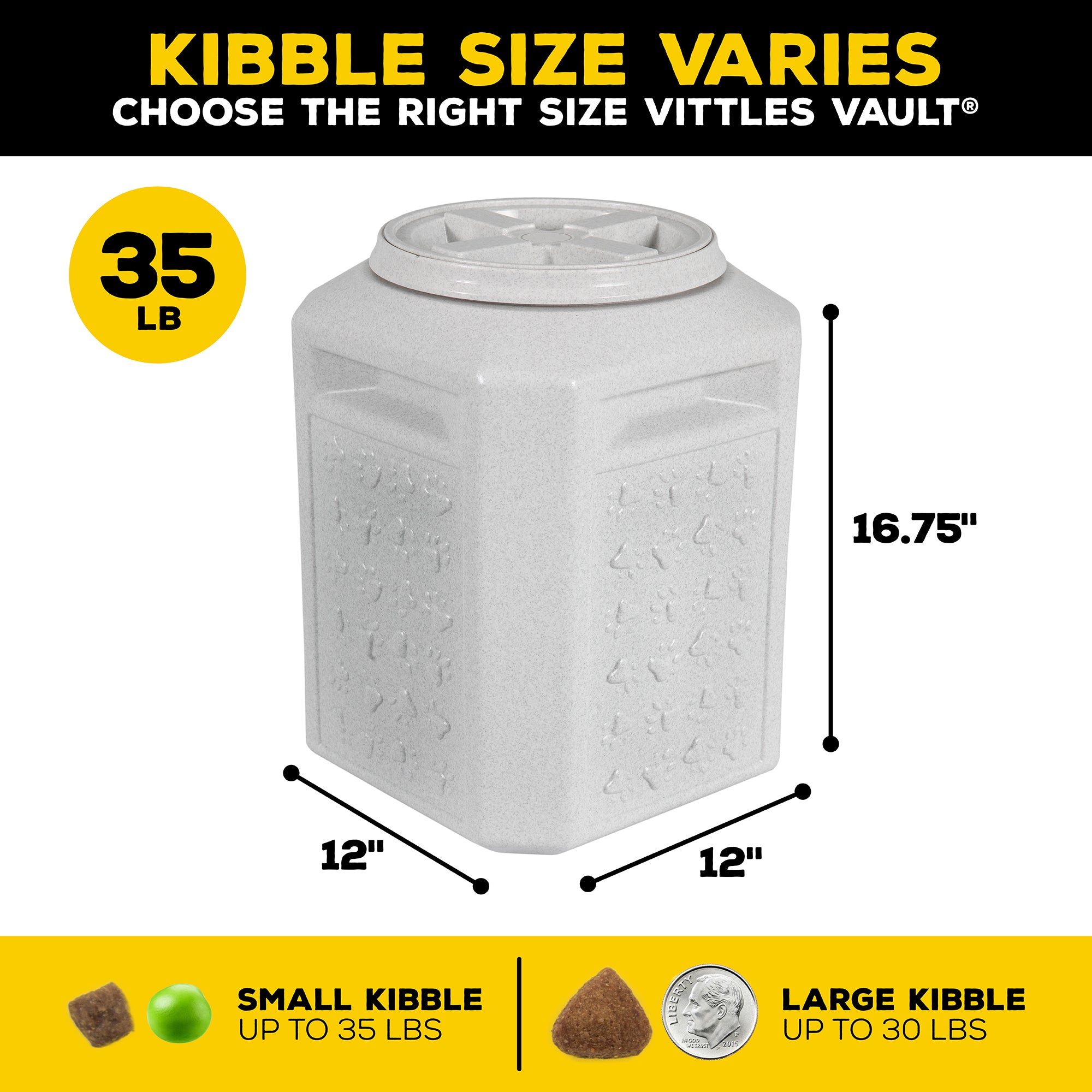The Vittles Vault Pawprint Outback Food Storage Container by Vittles Vault is a white, BPA-free plastic container featuring embossed designs and an airtight seal. It measures 16.75 tall, 12 wide/deep, and holds 35 lbs of small kibble or 30 lbs of large kibble with a yellow guide background.
