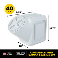 The Vittles Vault Outback Stackable is a white, BPA-free pet food container with dimensions of 20.5 W x 16.75 H x 12 D, holding up to 40 lbs. It features Gamma Seal Technology for airtight storage and is proudly made in the USA, keeping your pets food fresh and safe.
