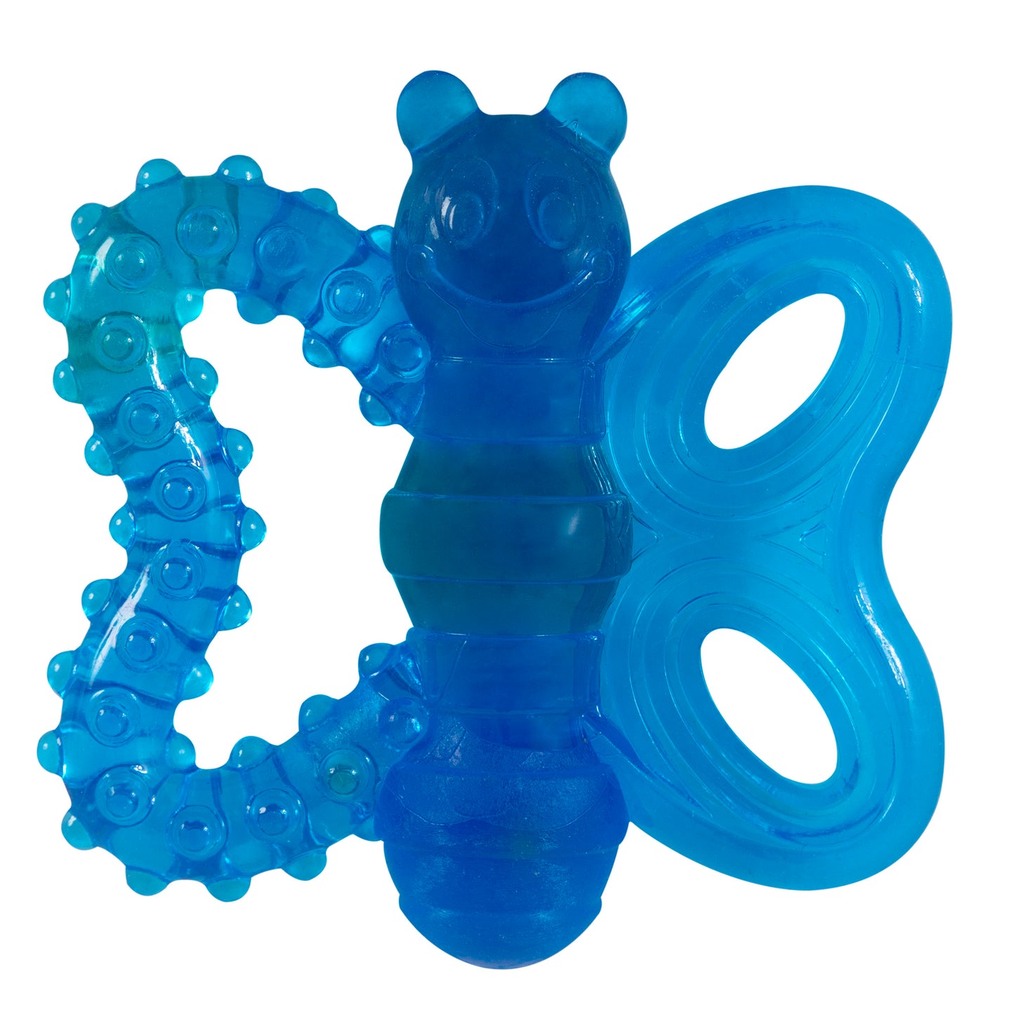 The JW Butterfly Puppy Teether Chew Toy in blue offers soothing relief with one side featuring round textured bumps and the other resembling butterfly wings, while a smiling face adorns the top.