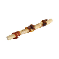 The Wild Eats Twisted Cheek Wrapped With Meat is a tasty dog treat by Wild Eats, featuring a long rawhide chew wrapped with flavorful water buffalo jerky pieces. This delightful treat, isolated on a white background, promises pure canine enjoyment.