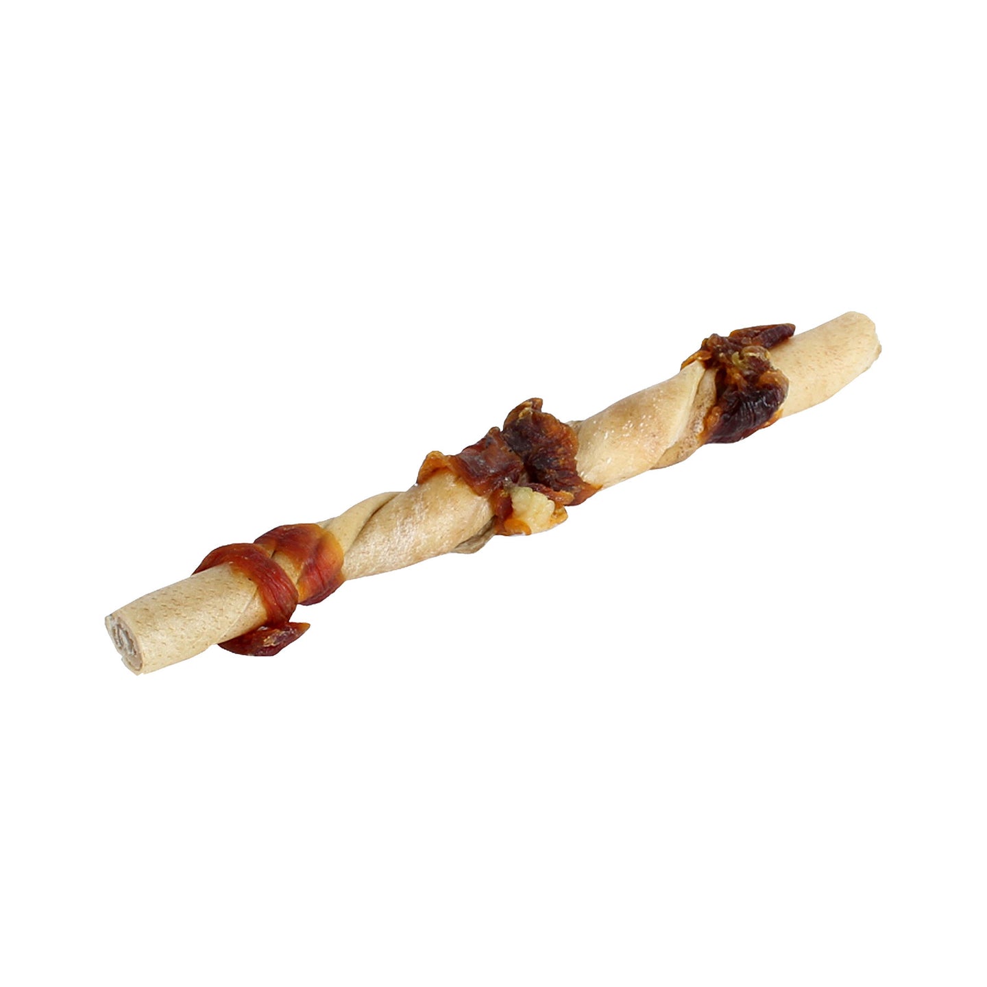 The Wild Eats Twisted Cheek Wrapped With Meat is a tasty dog treat by Wild Eats, featuring a long rawhide chew wrapped with flavorful water buffalo jerky pieces. This delightful treat, isolated on a white background, promises pure canine enjoyment.