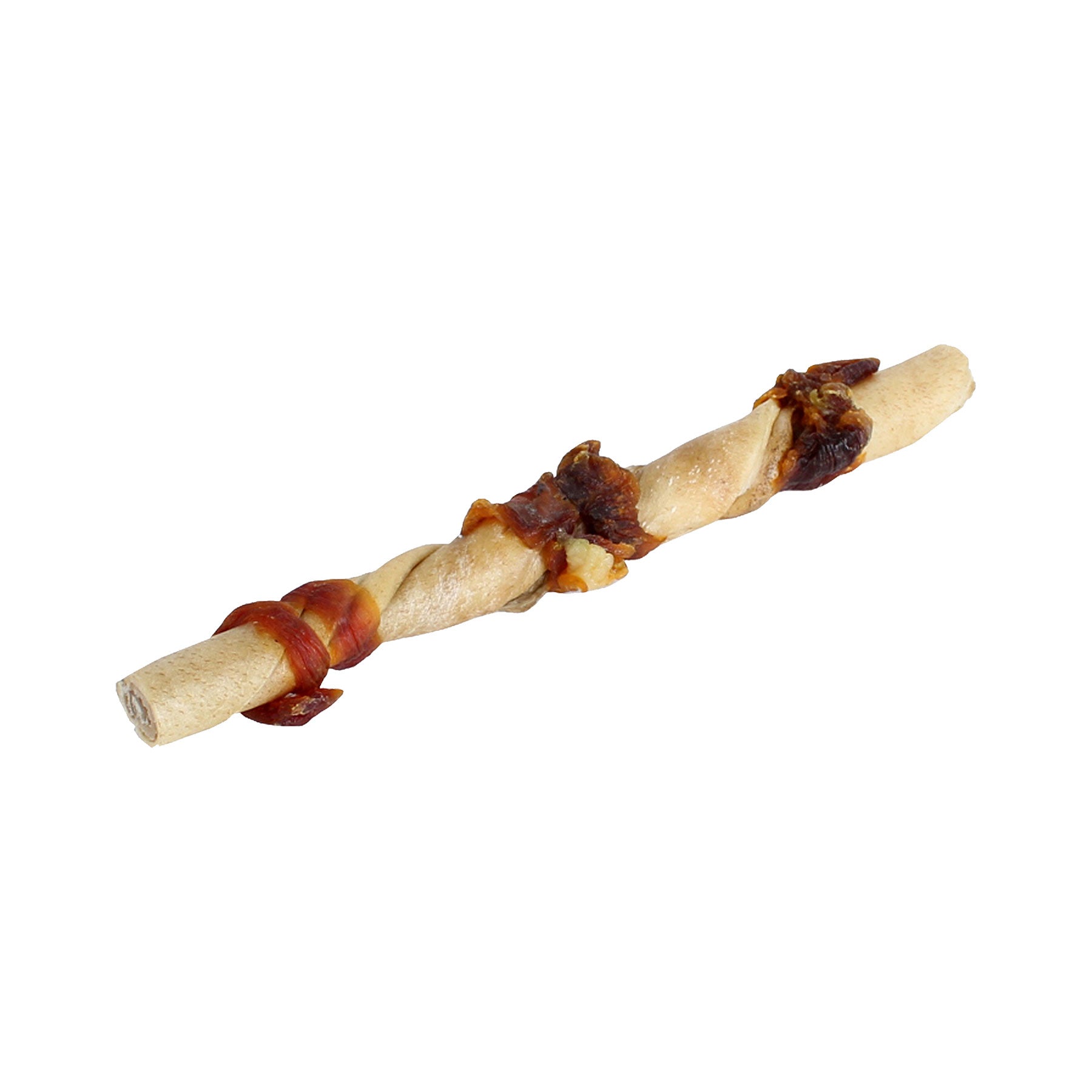 The Wild Eats Twisted Cheek Wrapped With Meat is a tasty dog treat by Wild Eats, featuring a long rawhide chew wrapped with flavorful water buffalo jerky pieces. This delightful treat, isolated on a white background, promises pure canine enjoyment.