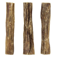 Three Wild Eats Bully Wraps from Wild Eats, popular dog chews, are arranged vertically against a white background. Their varying texture and color make each one unique.