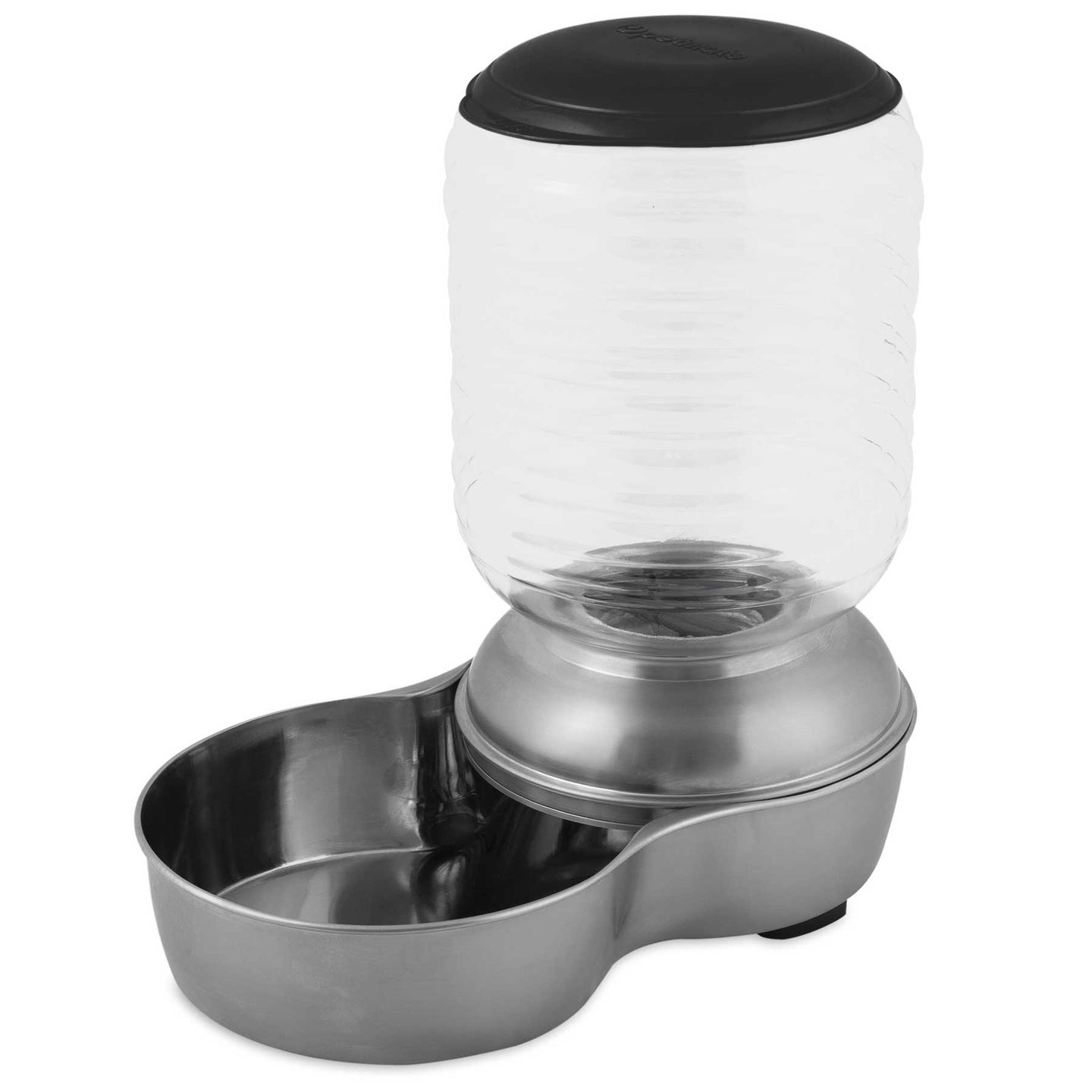 The Petmate 5 lb. Stainless Steel Replendish Feeder has a sleek stainless design, a clear plastic reservoir, and black lid for effortless water flow into the base bowl. Combining a water dispensers convenience with gravity feed efficiency, it keeps your pet hydrated.