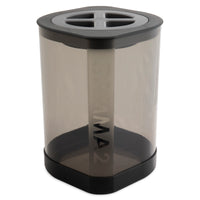 A transparent hexagonal plastic container with a black lid and cross-shaped opening, branded vertically with OAMA2. It mirrors the sleek design of the Vittles Vault Little Vittles Storage Container, ideal for efficient pet treat storage.