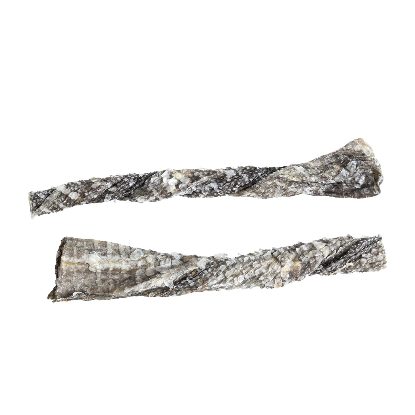 Two Wild Eats Cod Skin Twist Dog Treats, rich in Omega-3 Fatty Acids, are displayed on a white background. The textured twists feature natural scale-like patterns with browns, grays, and hints of white.