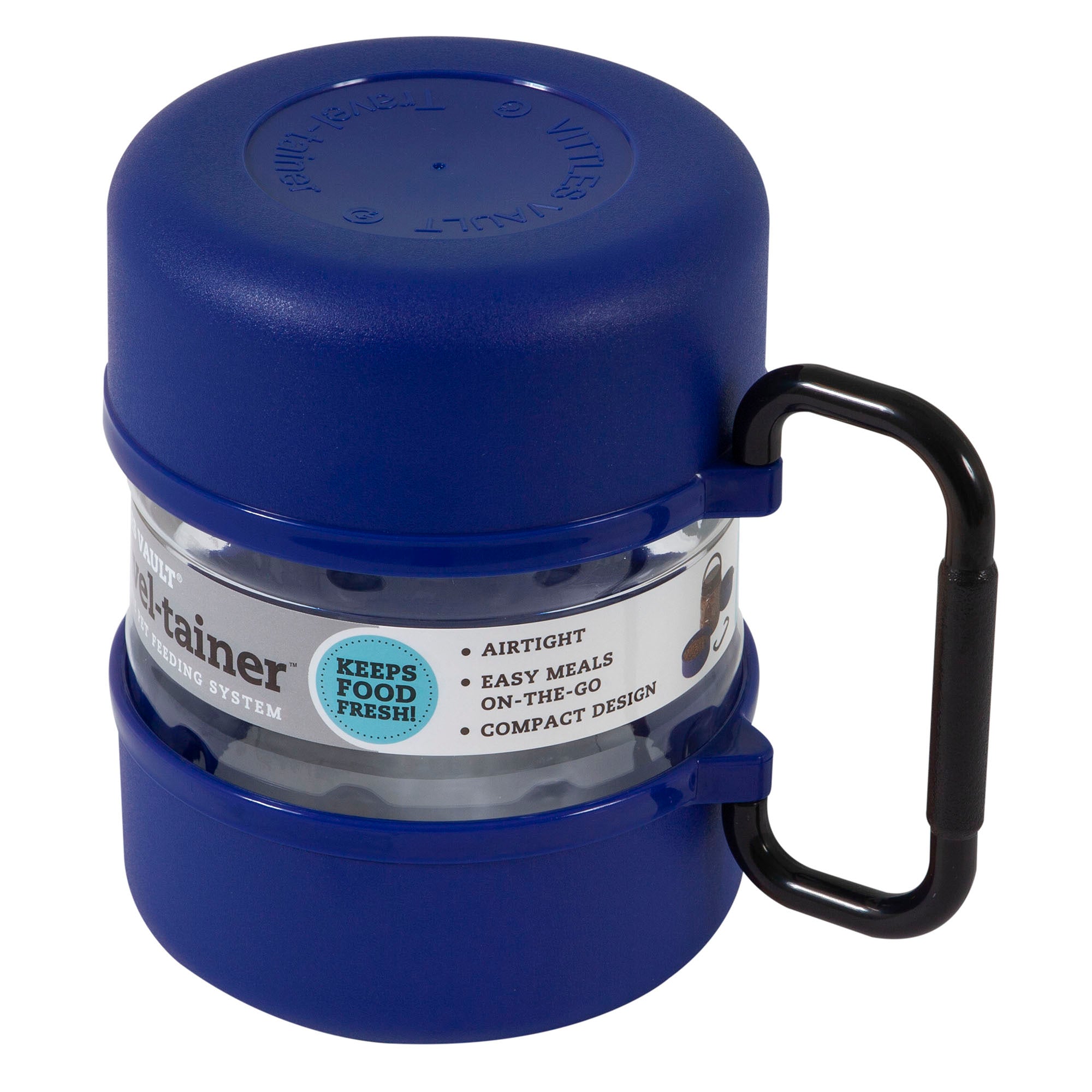 The Vittles Vault Travel-Trainer Portable Food Storage Container is a blue insulated container made from BPA-free plastic, featuring a black handle. It is labeled as airtight, keeps food fresh, perfect for easy meals on-the-go, and offers a compact design for ultimate portability.