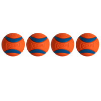 Four Chuckit! Ultra Ball Dog Toys, each featuring a textured surface with blue stripes and the word Chuckit! embossed on them, are lined up horizontally against a white background. These orange and blue balls promise durability and excellent high bounce performance for every throw.