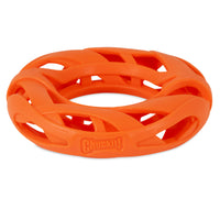 The Chuckit! Air Fetch Wheel Dog Toy is an orange, ring-shaped toy with an open lattice design made from durable rubber. Its perfect for brachycephalic breeds to enjoy playful moments and features the Chuckit branding on the side.