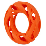 The Chuckit! Air Fetch Wheel Dog Toy by Chuckit is a bright orange, hollow, circular toy made of durable rubber with an intricate twisted design, ideal for brachycephalic breeds. Its open weave-like structure enables easy gripping and chewing for playful pups.