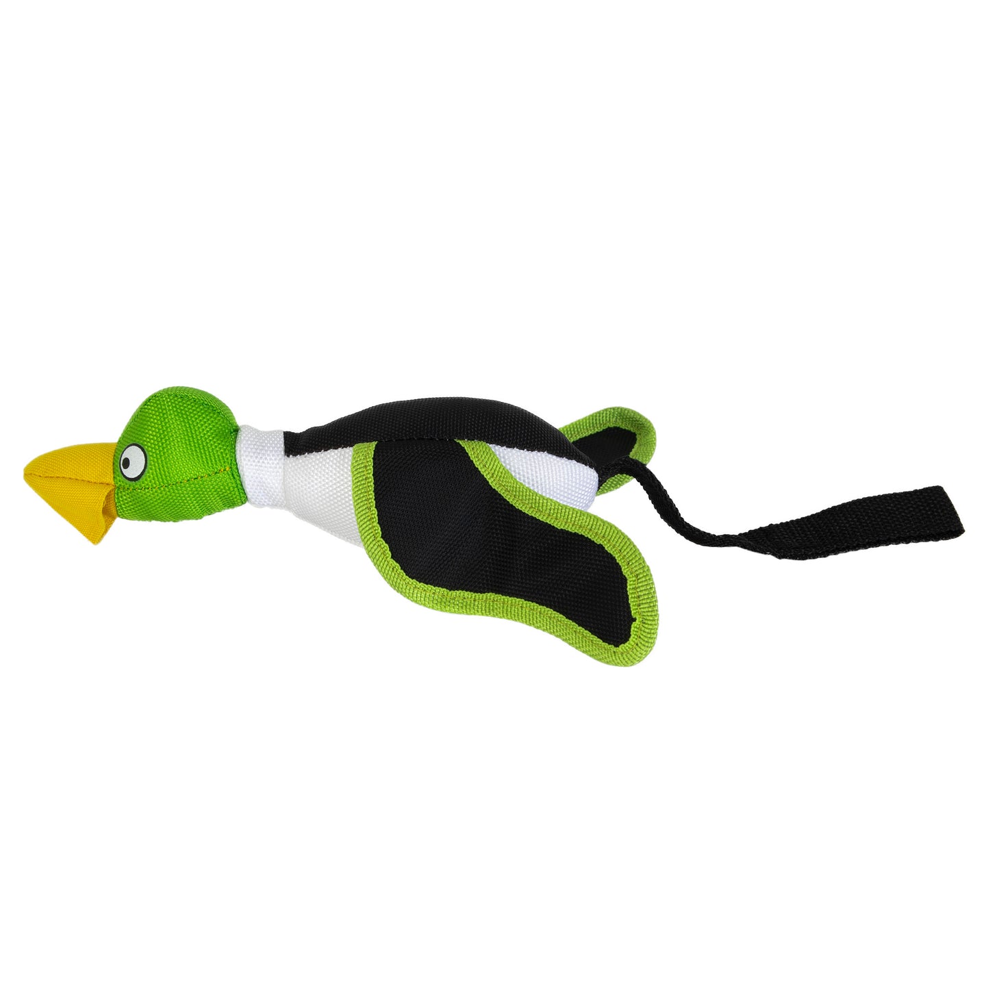 The Hyperpet Mini Flying Duck Green Dog Toy, made of non-toxic vinyl, is a plush item featuring a yellow beak, black strap, and comes in a green and black design.