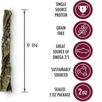 A 9-inch Wild Eats Cod Skin Twist Dog Treat is shown with icons reading: Single Source Protein, Grain Free, Great Source of Omega-3 Fatty Acids, Sustainably Sourced North Atlantic Cod, and in a sealed 2 oz package.
