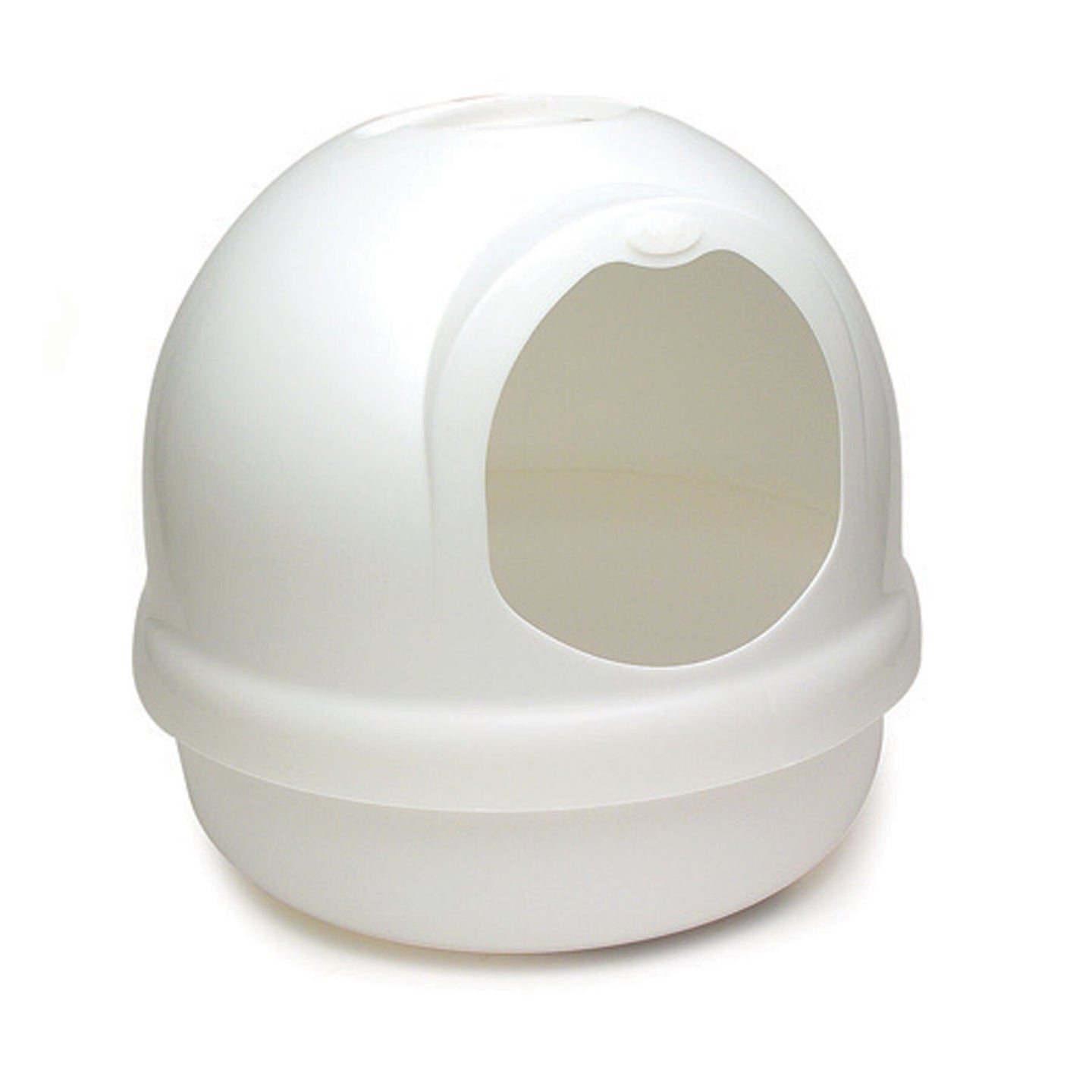 The Petmate Booda Dome Litter Box by Petmate is a white, dome-shaped litter box with a rounded top and arched entrance. It features smooth curves, an odor-free design, and a centrally located entrance that enhances its sleek aesthetic without extra decorations.