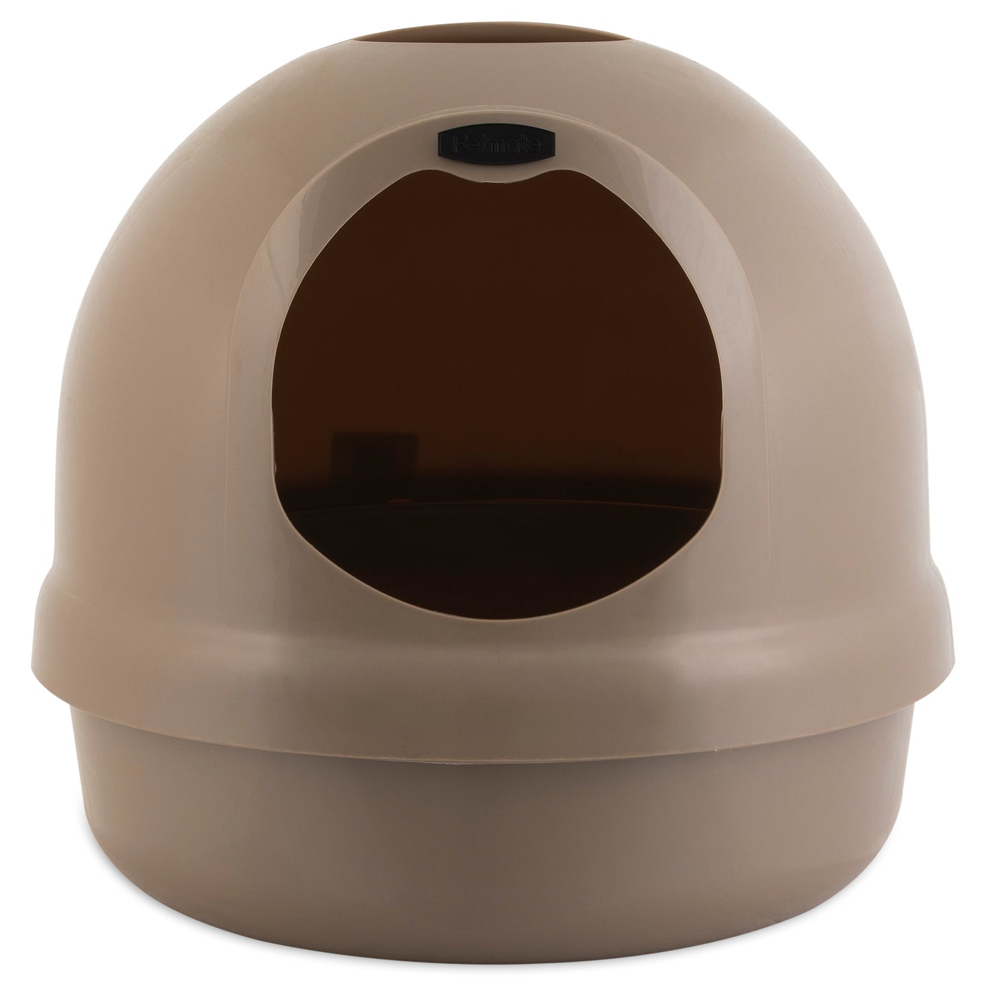 The Petmate Booda Dome Litter Box by Petmate is a beige, dome-shaped cat litter box with a circular entrance at the top. Designed for privacy and odor control, this innovative 3-in-1 litter box ensures a pleasant environment for cats.