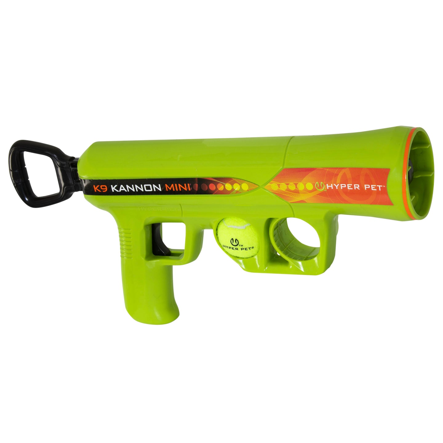 Meet the lime green Hyper Pet K9K2 Kannon Mini Tennis Ball Launcher by Hyperpet. This ball launcher is perfect for smaller dogs, featuring an orange and black design, a tennis ball holder, and a user-friendly trigger for effortless fun with your furry friend.