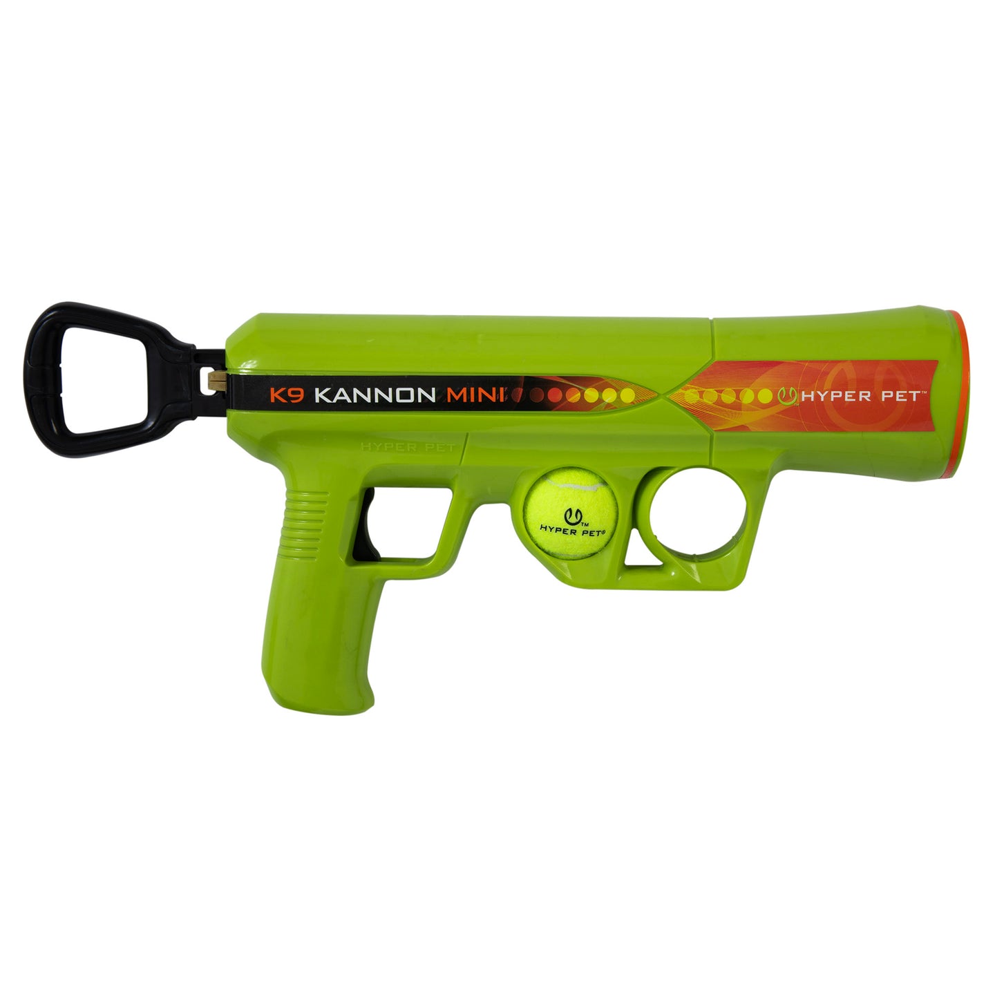The Hyperpet K9K2 Kannon Mini Tennis Ball Launcher is a green device for smaller dogs, featuring a handle, trigger, and round opening to launch balls. Its complete with black and red accents and the brands logo on the side.