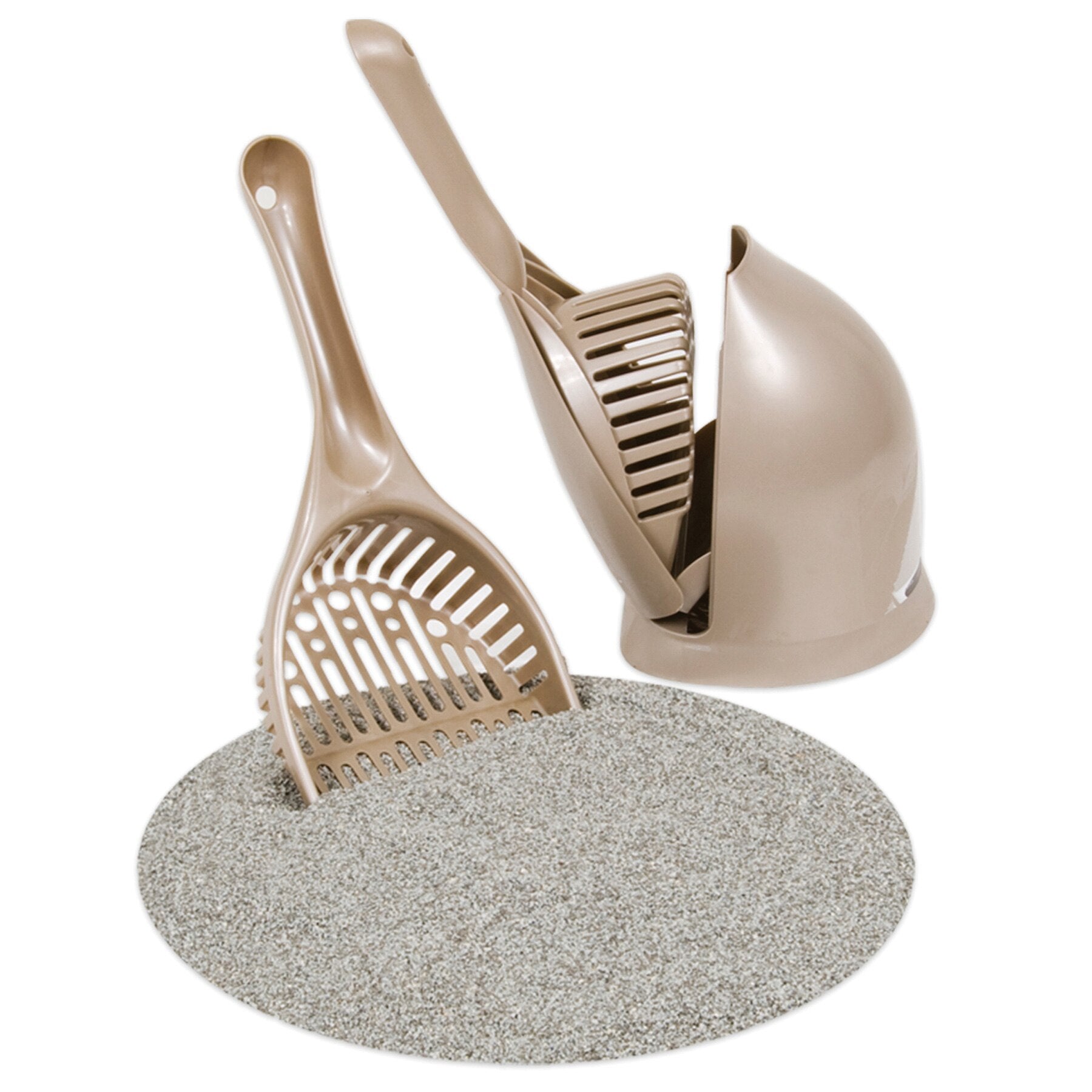The Petmate Scoop N Hide Cat Litter Scoop, by Petmate, is a beige scoop and holder set on a circular textured mat. The deep bucket scoop with sifting slots fits into a curved-back holder, offering easy cleaning and organization.