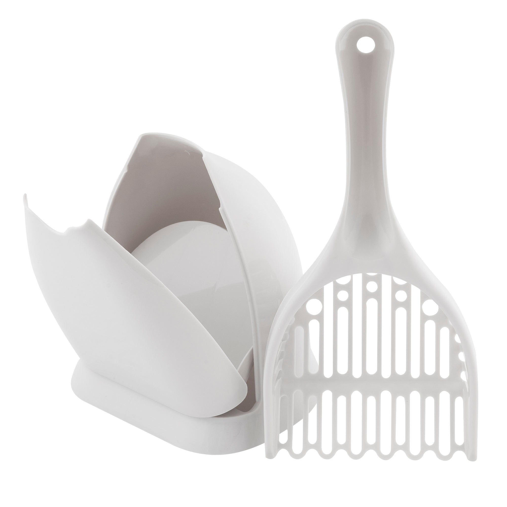 The Petmate Scoop N Hide Cat Litter Scoop, by Petmate, offers a white design with a long-handled, slotted scoop for easy sifting and a custom-designed holder for convenient storage. Made from durable plastic, both pieces ensure long-lasting use.