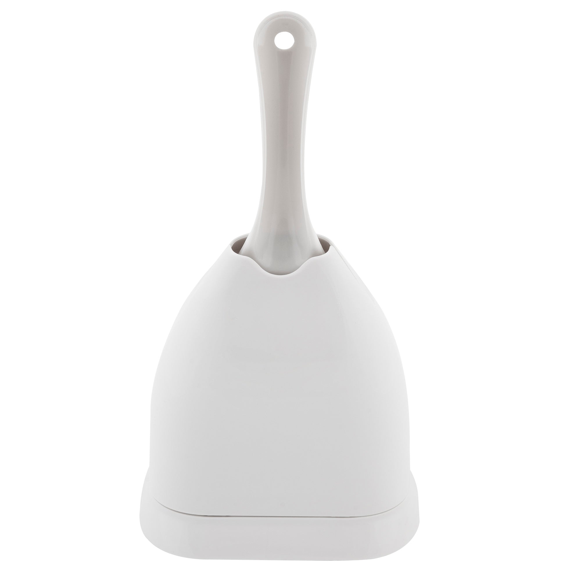 The Petmate Scoop N Hide Cat Litter Scoop features a sleek design with a long handle and stands upright in a matching dome-shaped holder, offering custom-designed storage that is both elegant and functional.