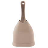 The Petmate Scoop N Hide, a light brown cat litter scoop with a rounded holder and handle designed for efficient storage, stands upright against a white background.