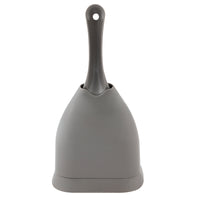The Petmate Scoop N Hide, a gray litter scoop with a long handle, rests inside its matching holder, resembling a deep bucket scoop, standing upright against a white background.