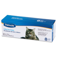 A blue and white box of Petmate Cleanstep Litter Box Liners features a long-haired cat and promises easy cleanup. Each box includes eight Jumbo Liners, measures 35.9 x 19 inches (88.9 x 48.26 cm), and is designed for superior odor control.